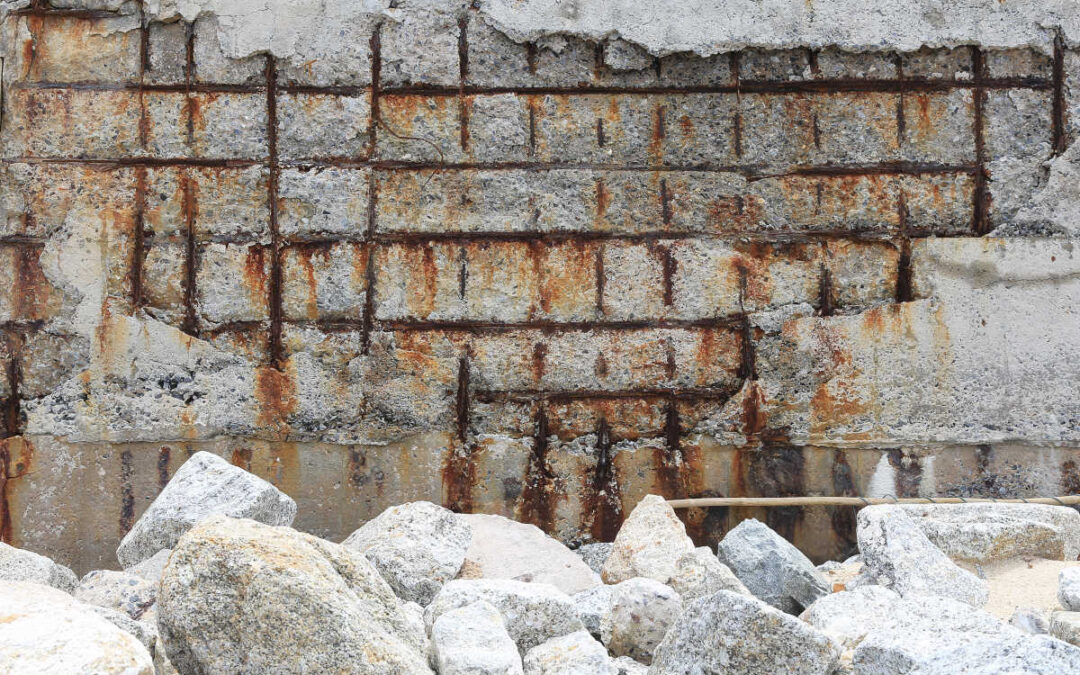 Concreto armado com barra de aço danificada e enferrujada em ambientes marinhos e clorados | Foto: Shutterstock